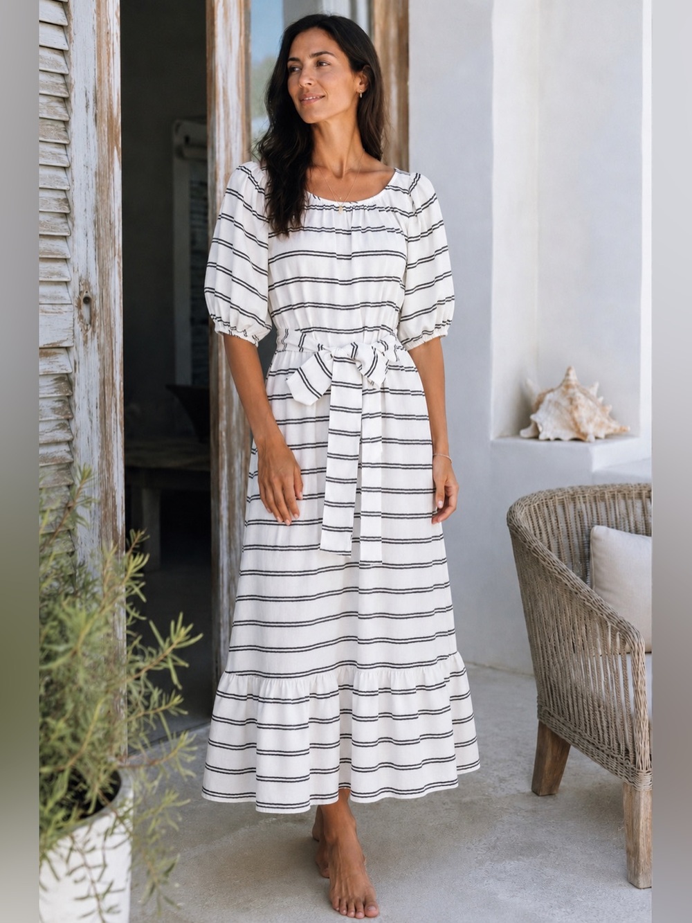 NWT Lisa Marie Fernandez Striped Maxi Dress Size 0 Belted Oversized White Black
